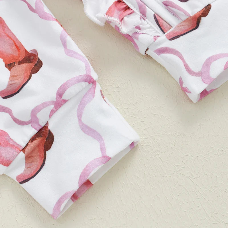 Baby Girl 2Pcs Fall Jumpsuit Ruffled Zip Up Boots Ribbons Print Long Sleeve Round Neck Zipper Romper Bow Headband Set