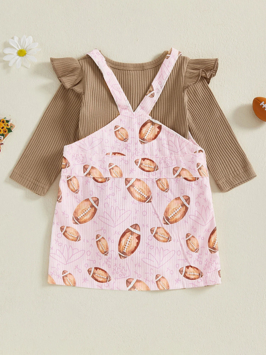 Baby Toddler Girls 2Pcs Fall Outfit Long Sleeve Romper + Football Print Overall Dress Set Clothes