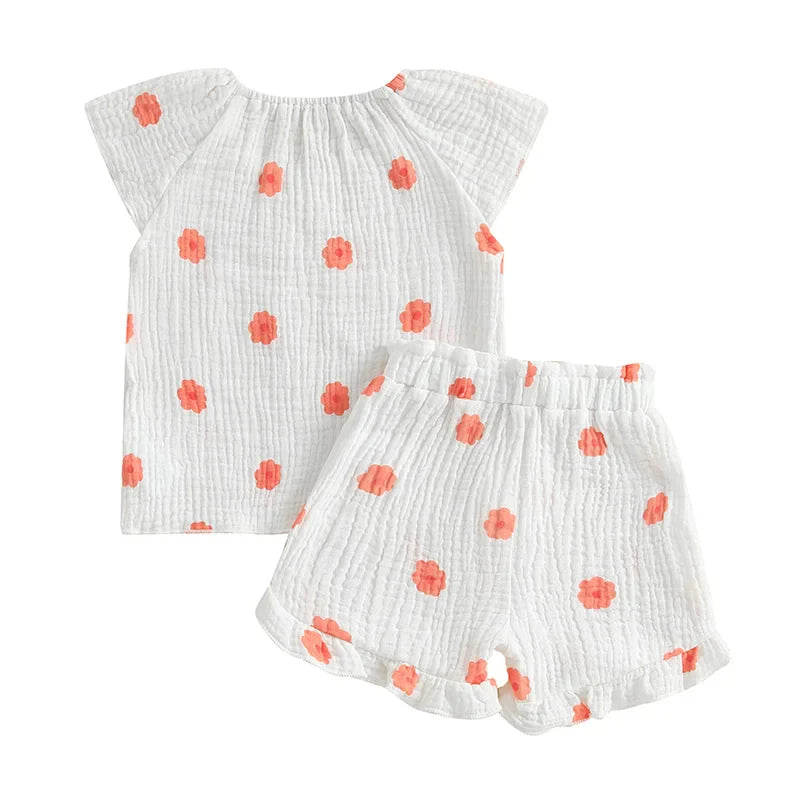 Baby Toddler Girls 2Pcs Floral Outfit Cap Sleeve T-shirt Top Elastic Waist Ruffle Shorts Summer Set