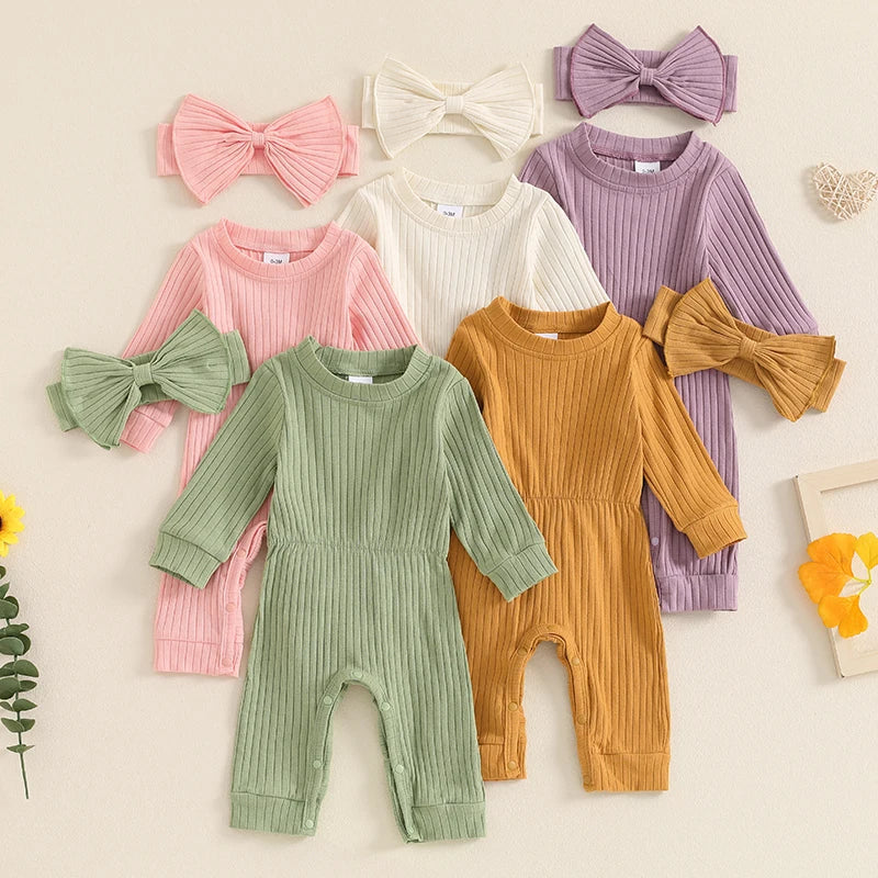 Baby Girls 2Pcs Fall Outfit Long Sleeve Round Neck Ribbed Full Leg Jumpsuit with Headband Set