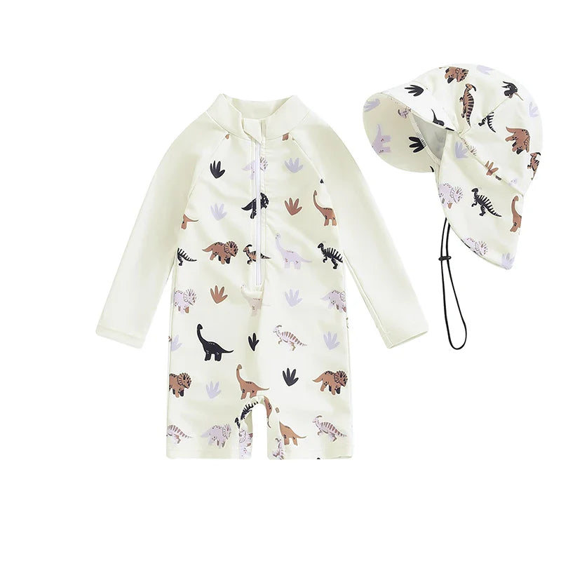 Baby Toddler Boy 2Pcs Swimwear Set Dinosaurs / Turtle / Whale Print Long Sleeve Swimsuit Sun Hat Bathing Suit Outfit Set