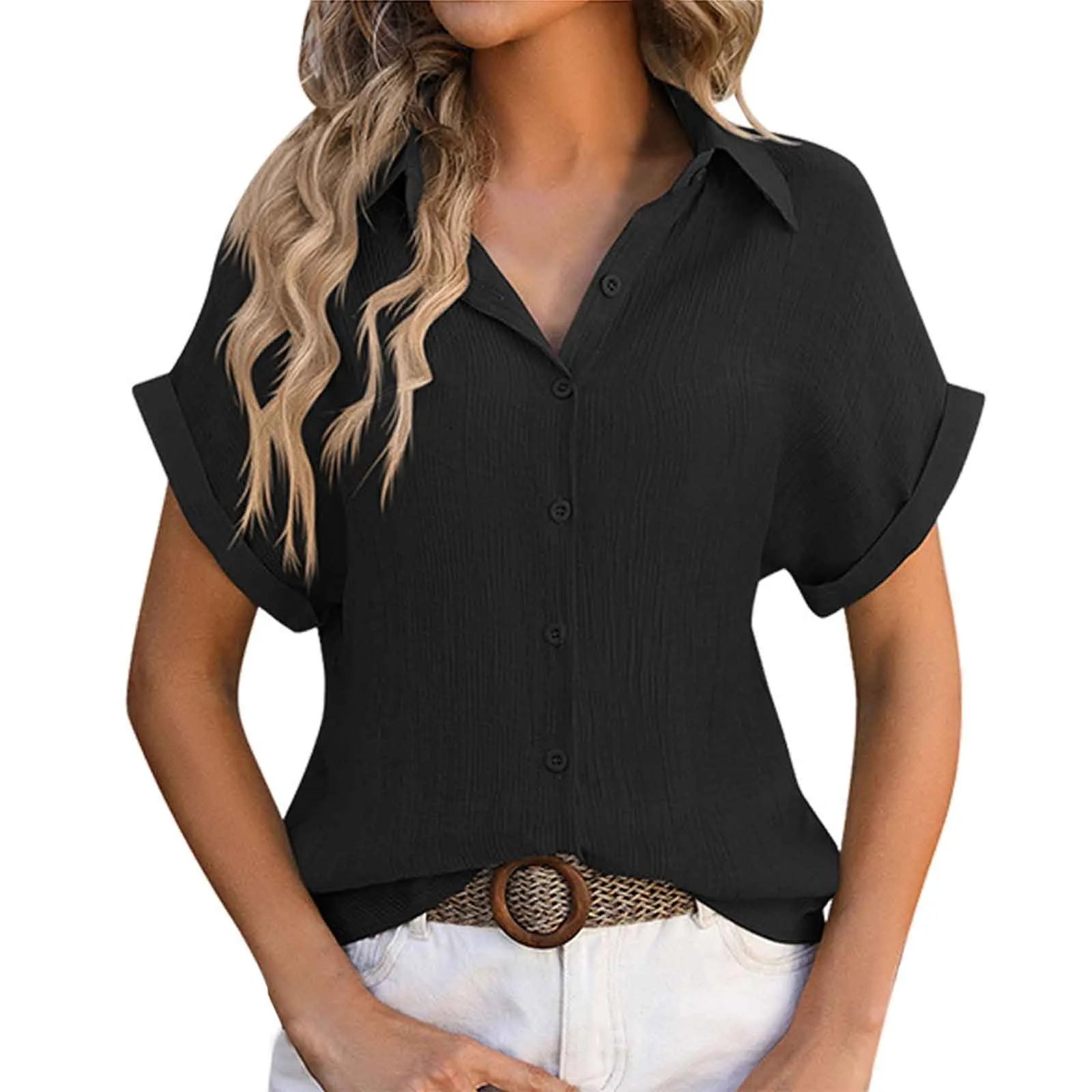 Summer Solid Color Shirts Women Cotton Linen Rolled Up Short Sleeve Slim Fit Tops Mujer Beach Style Leisure Buttons Up Blouse