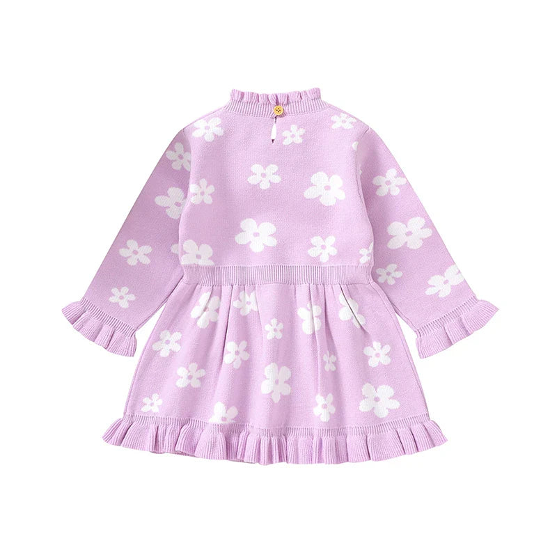 Baby Toddler Girl Long Sleeve Flower Floral Print Ruffle Sweater A-Line Dress