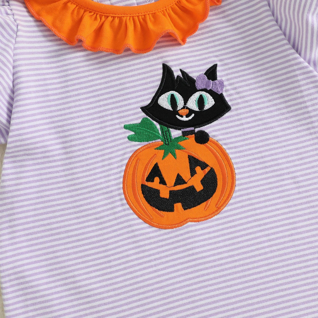Baby Toddler Kids Girl Halloween Striped Dress Pumpkin Black Cat Embroidered Short Sleeve Ruffled Dress Cute Fall Clothes
