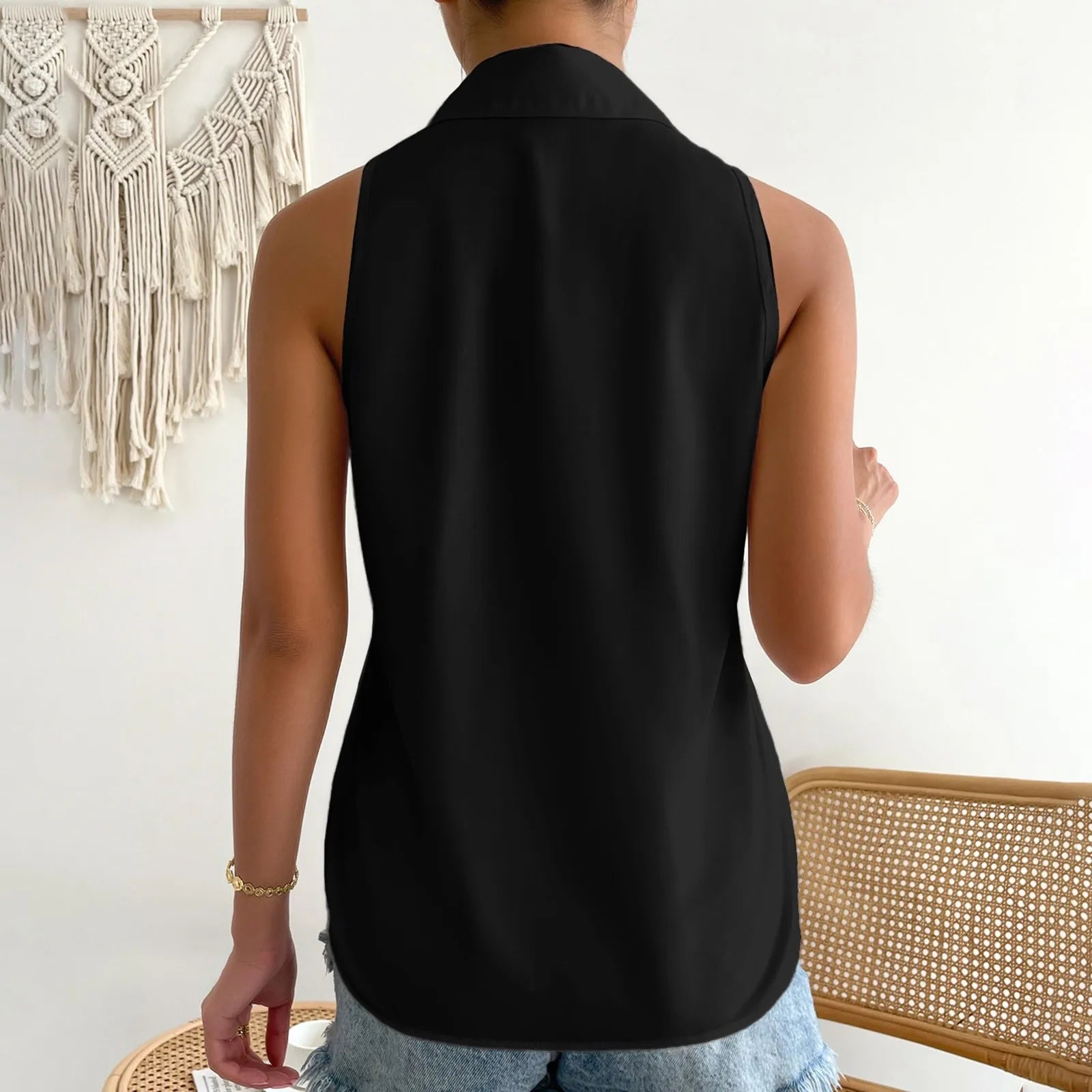 Women's Sleeveless Blouse Button Down Solid Color Casual Loose V Neck Chiffon Top for Work