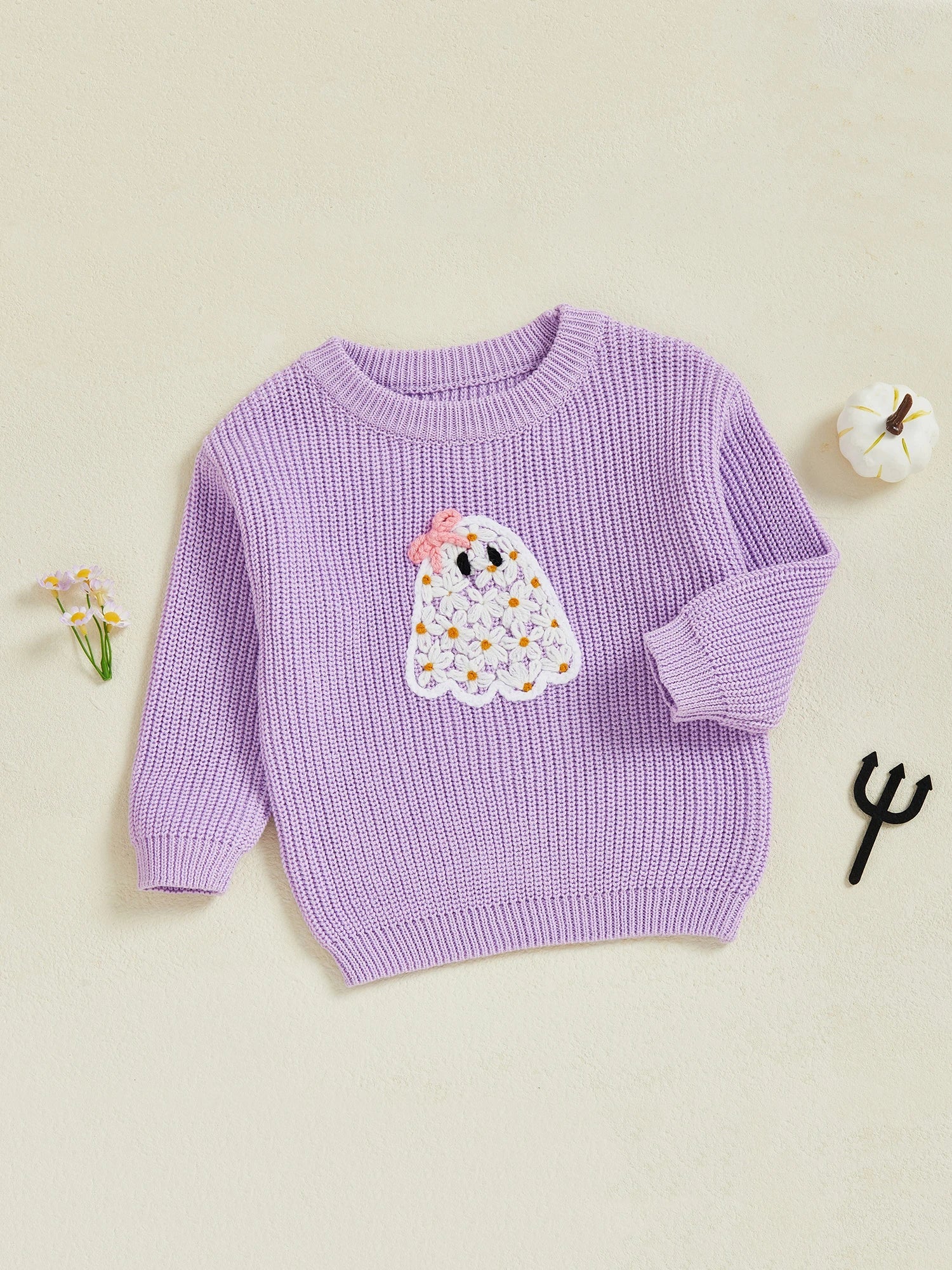 Baby Toddler Kids Girl Halloween Sweater Long Sleeve Round Neck Ghost Flower Embroidery Knit Pullover Top