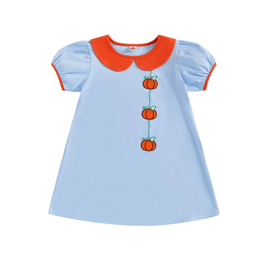 Toddler Kids Girl Halloween Dress Short Sleeve Round Neck Pumpkin Embroidery Dress Kid A-Line Dress