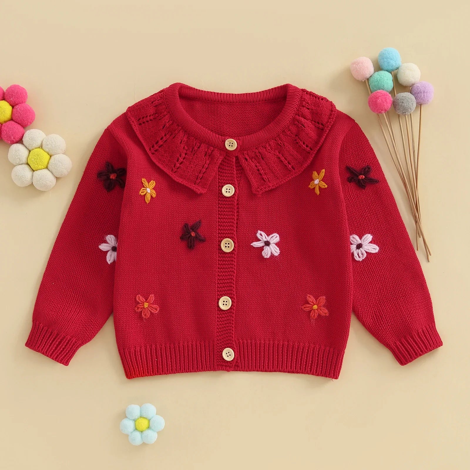 Baby Toddler Girls Cardigan Sweater 3D Flower Design Button Down Long Sleeve Knitted Top