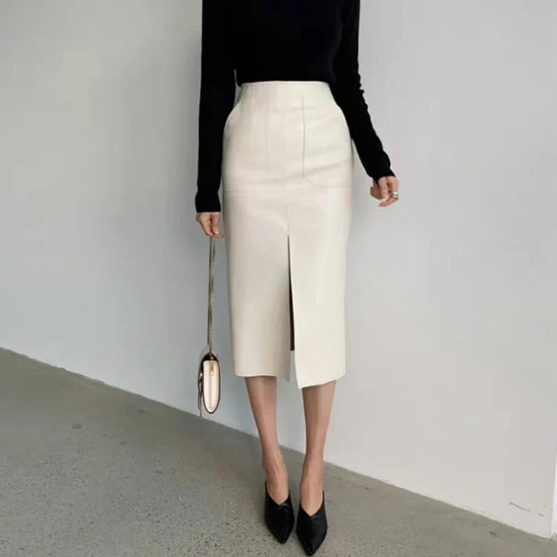 Slim Straight Faux Leather Skirt Women Chic Split Design Fashion
