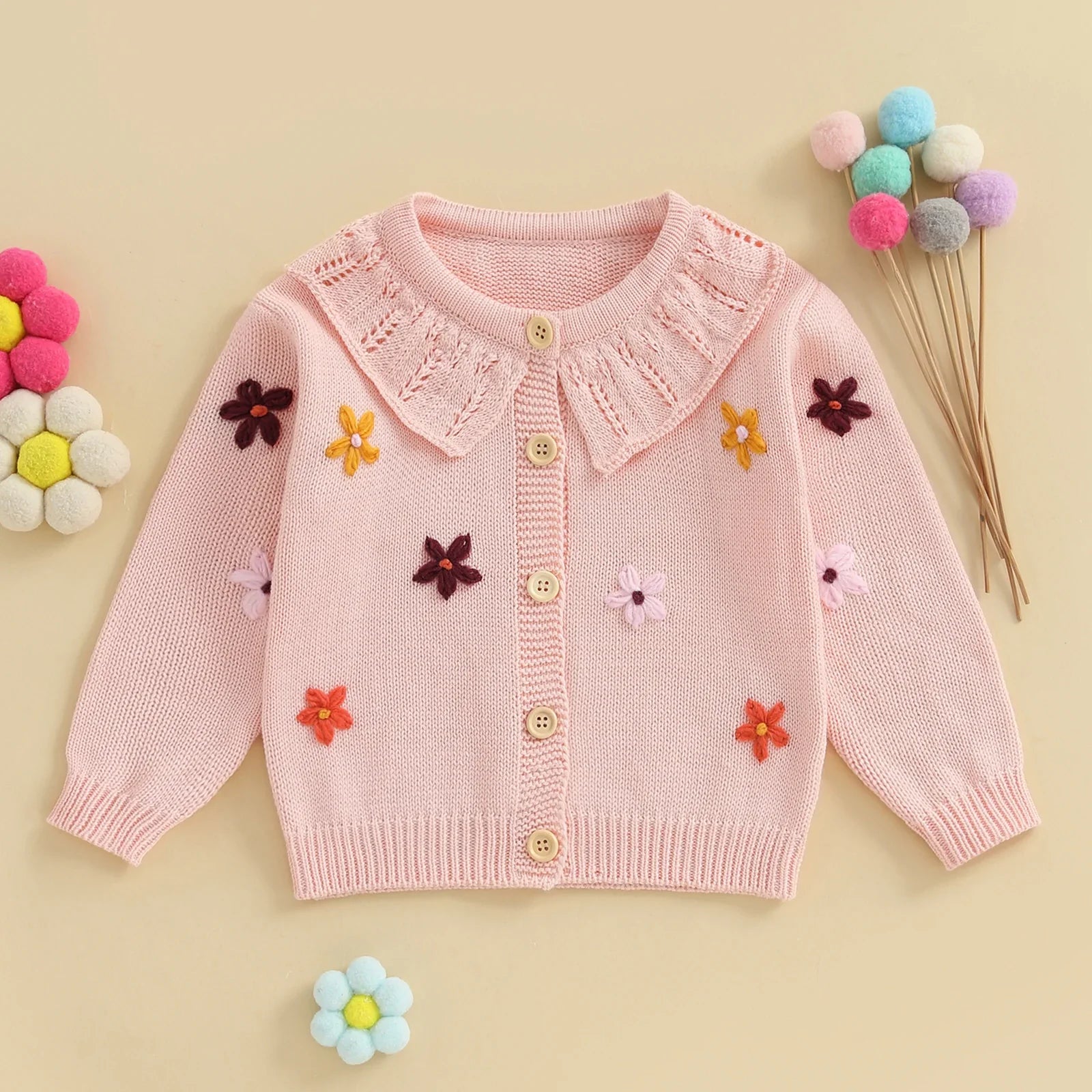 Baby Toddler Girls Cardigan Sweater 3D Flower Design Button Down Long Sleeve Knitted Top