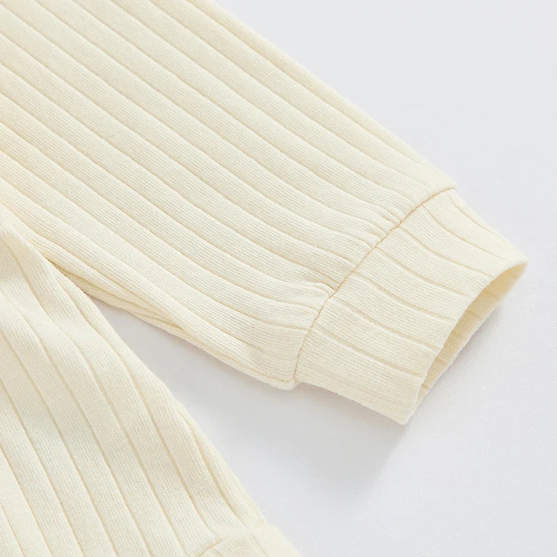 Baby Girls Spring Fall Solid Color Round Neck Long Sleeve Ribbed Romper Bow Headband Set