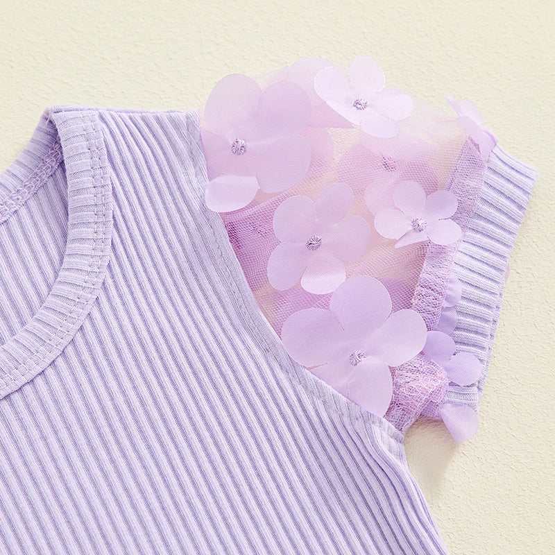 Toddler Kids Girls 2Pcs Summer Outfit Mesh Flower Sleeve Ribbed Top Floral Checker Print Skirt Set