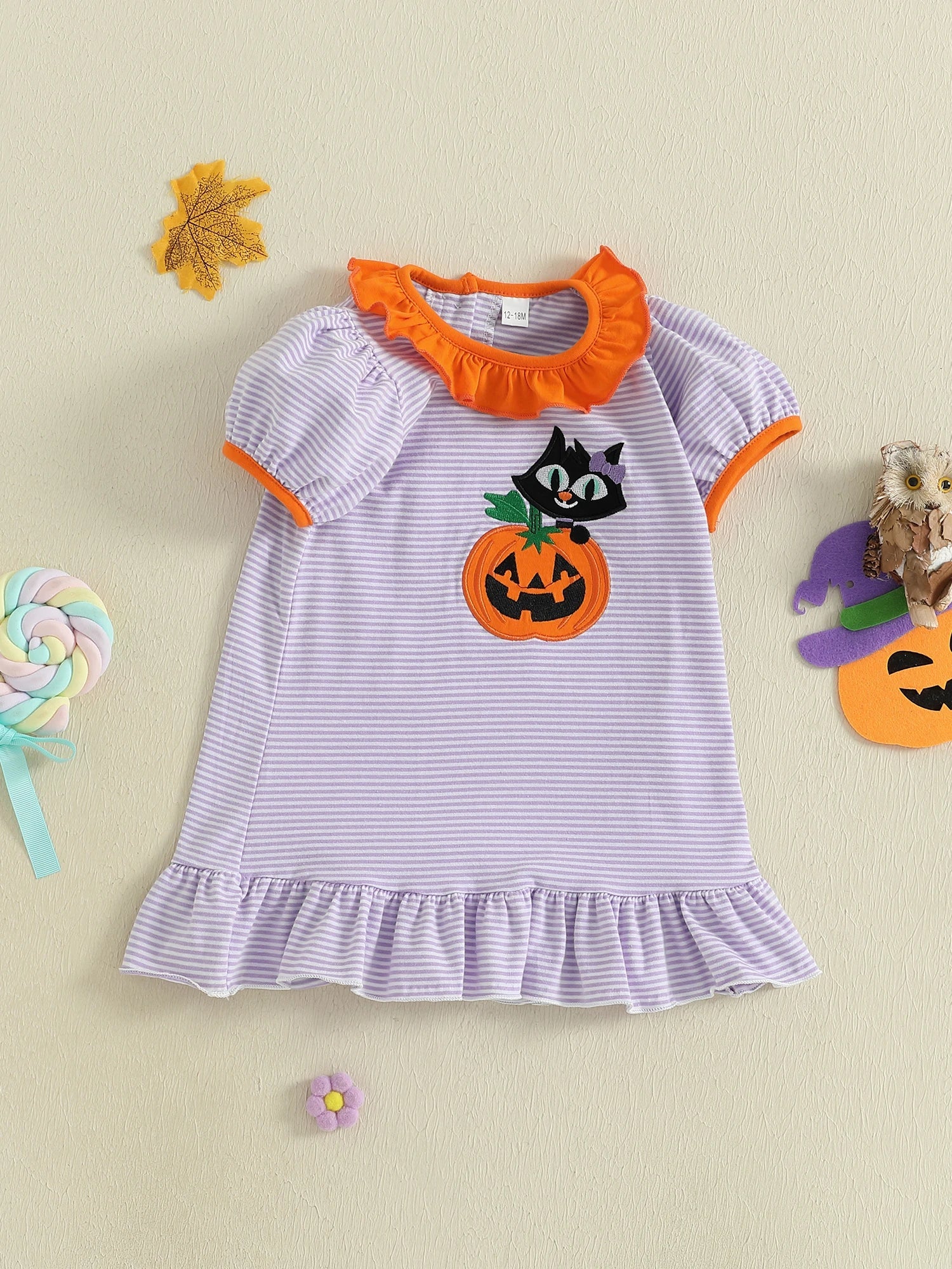 Baby Toddler Kids Girl Halloween Striped Dress Pumpkin Black Cat Embroidered Short Sleeve Ruffled Dress Cute Fall Clothes