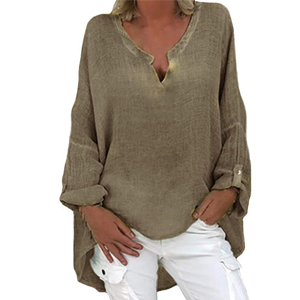 Plus Size Women's Top Summer V Neck Solid Casual Short Sleeve Blouse
