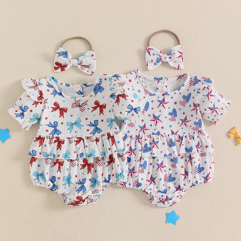 Baby Girl 2Pcs 4th of July Outfit Love Heart Star Pattern Ruffled Crew Neck Short Sleeve Romper & Bow Headband Set