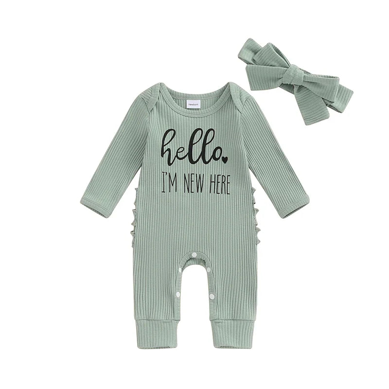 Baby Girl 2Pcs Hello I'm New Here Romper Letter Print Ribbed Long Sleeve Round Neck Full Length Jumpsuit with Headband Set