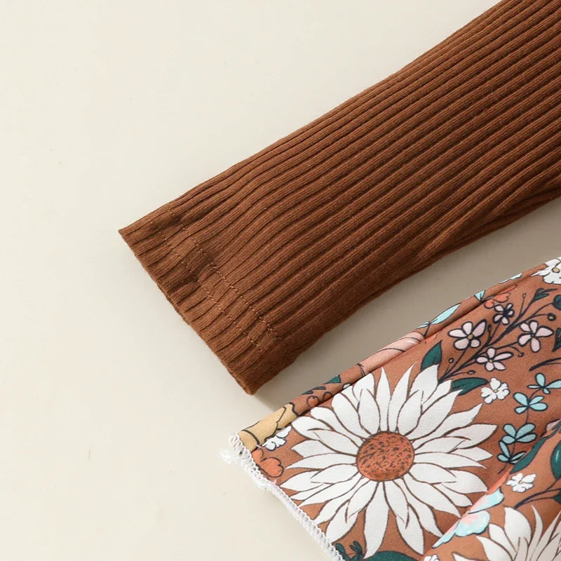 Baby Toddler Girls 2Pcs Fall Outfit Flower Print Ruffle Trim Long Sleeve Romper Dress Skirt Bow Headband Set