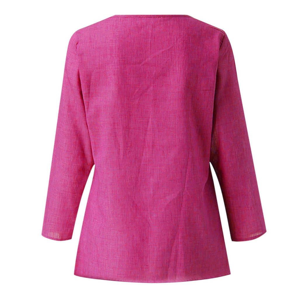 Vintage Cotton Linen Blouse Loose Blouses Summer Shirts Casual Long Sleeve Round Neck Solid Shirt