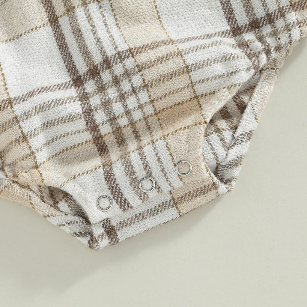Plaid Baby Boy Long Sleeve Button Vintage Romper With Pocket