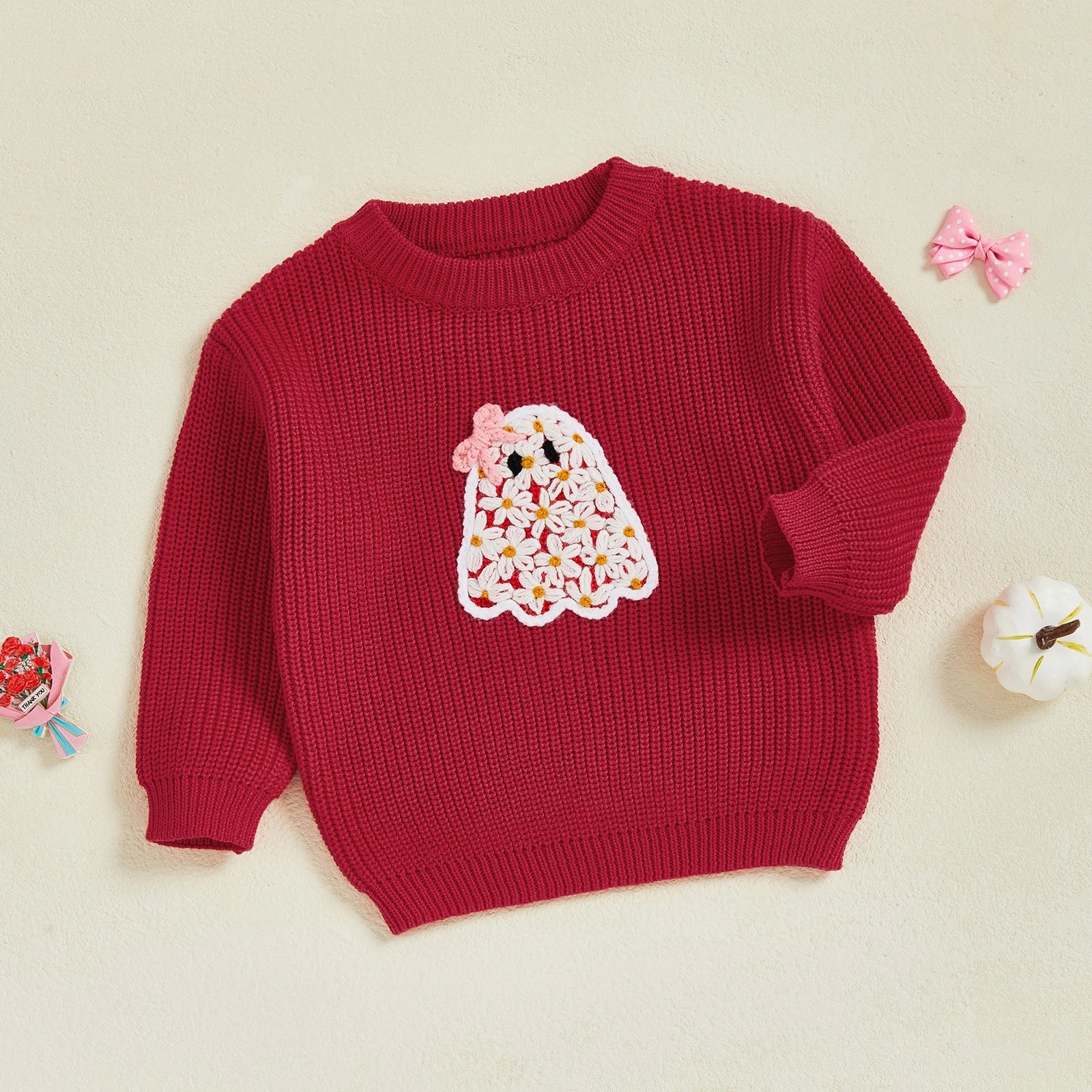 Baby Toddler Kids Girl Halloween Sweater Long Sleeve Round Neck Ghost Flower Embroidery Knit Pullover Top