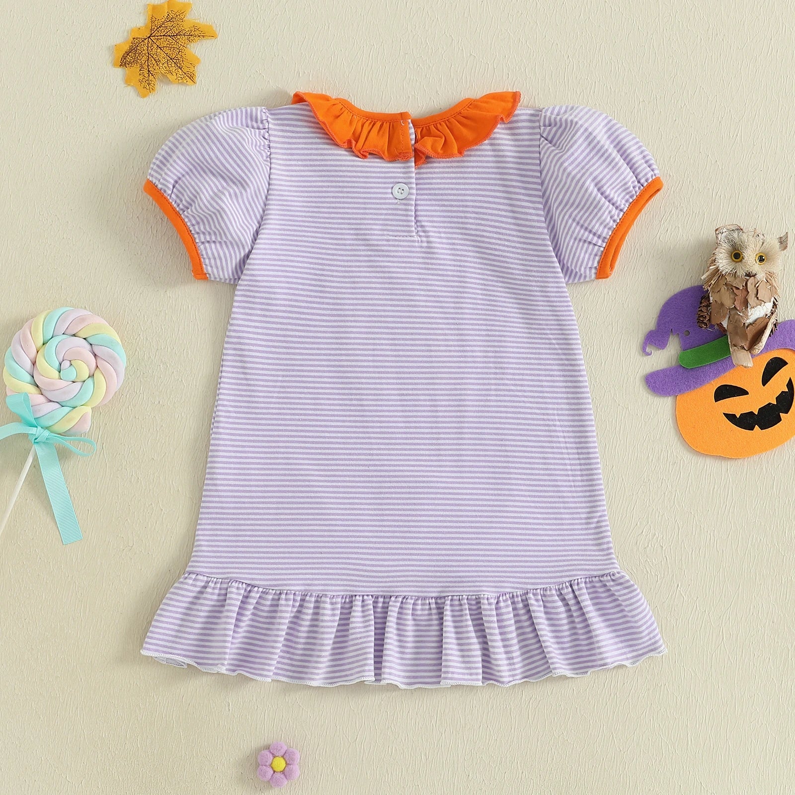 Baby Toddler Kids Girl Halloween Striped Dress Pumpkin Black Cat Embroidered Short Sleeve Ruffled Dress Cute Fall Clothes