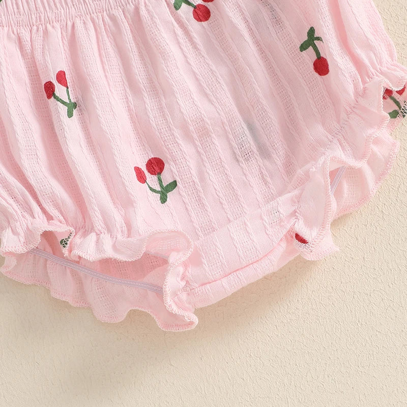 Baby Toddler Girl 2Pcs Shorts Set Cherry Print Fly Sleeve Babydoll Top Elastic Waist Ruffle Shorts Summer Outfit