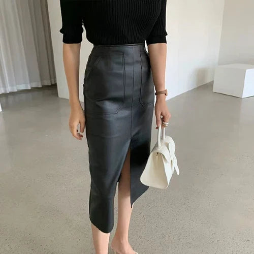 Slim Straight Faux Leather Skirt Women Chic Split Design Fashion