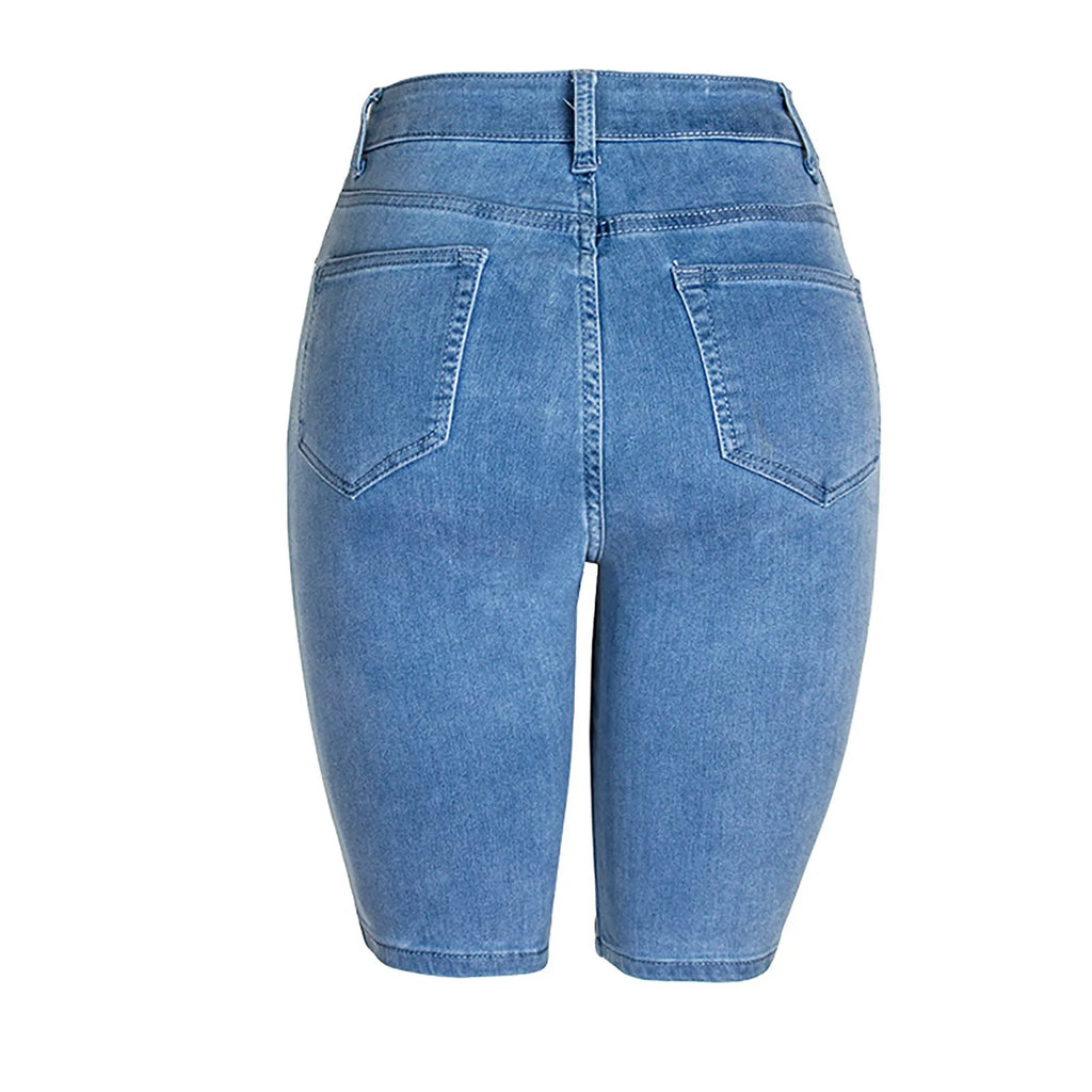 Casual Retro Black High Waist Denim Shorts for Women - Knee-long Summer Shorts