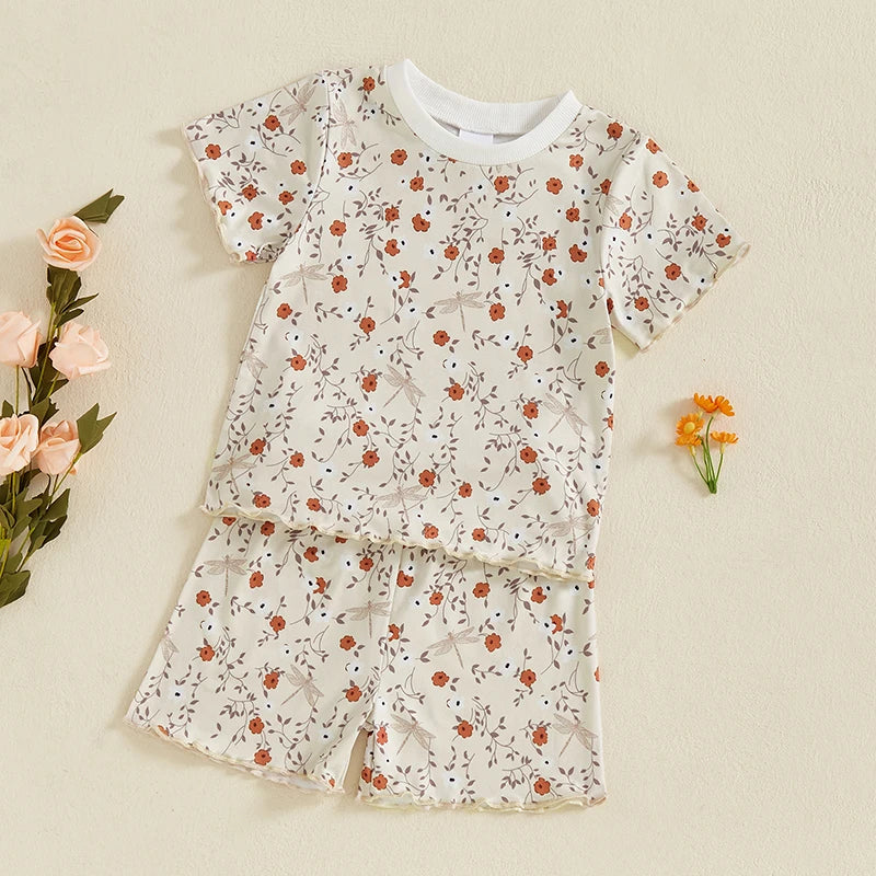 Baby Toddler Girls 2Pcs Set Floral Print Lettuce Trim Short Sleeve T-shirt Top Elastic Waist Shorts Summer Clothes Outfit