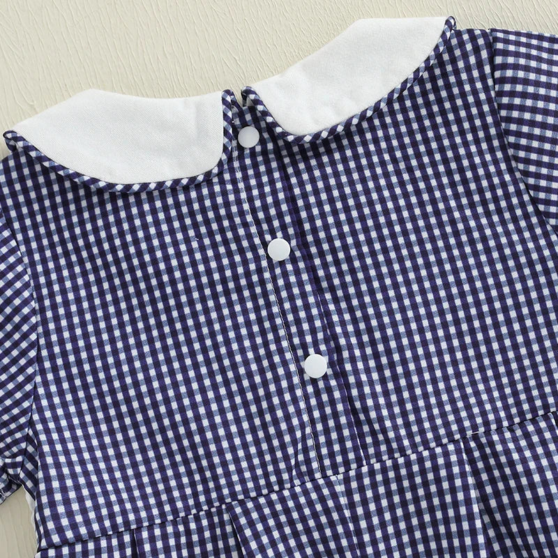 Baby Girl 4th of July Romper Smocked Plaid Pattern American Flag Embroidery Ruffled Doll Collar Short Sleeve Jumpsuit