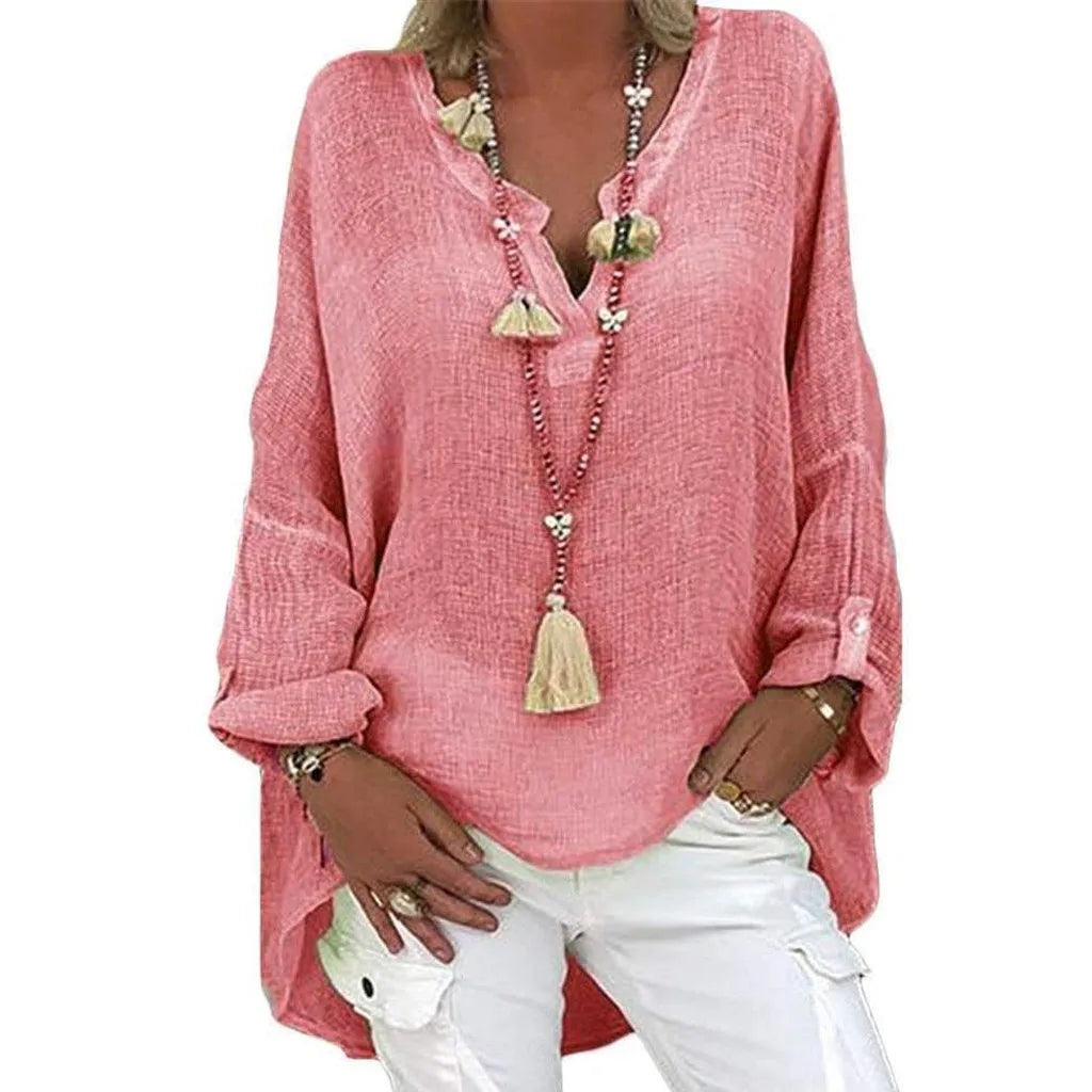 Plus Size Women's Top Summer V Neck Solid Casual Short Sleeve Blouse
