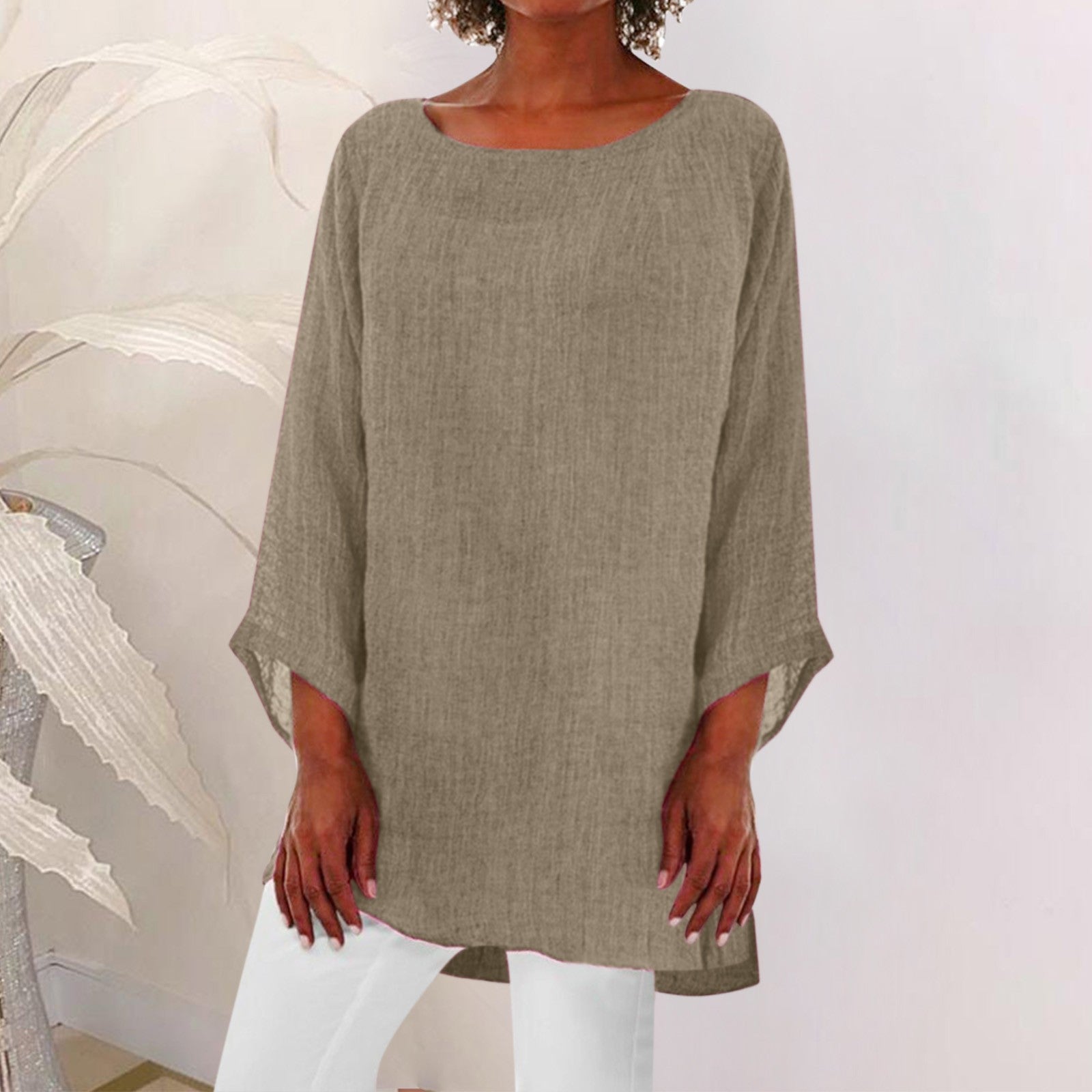 Vintage Cotton Linen Blouse Loose Blouses Summer Shirts Casual Long Sleeve Round Neck Solid Shirt
