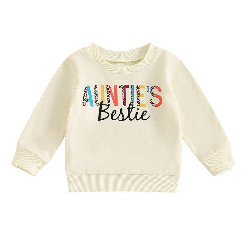Baby Toddler Girl Auntie's Bestie Casual Letter Print Crew Neck Long Sleeve Pullover Top
