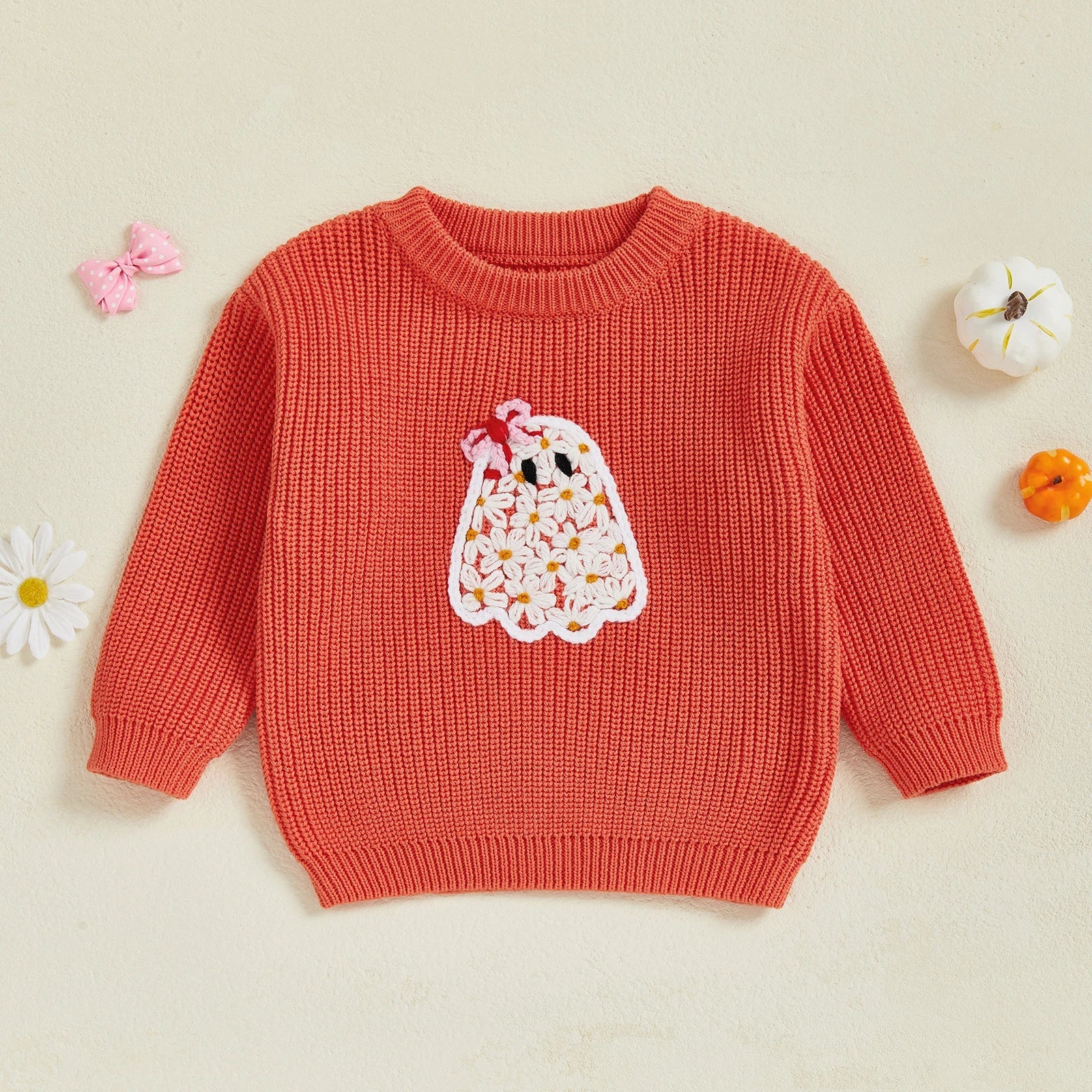 Baby Toddler Kids Girl Halloween Sweater Long Sleeve Round Neck Ghost Flower Embroidery Knit Pullover Top