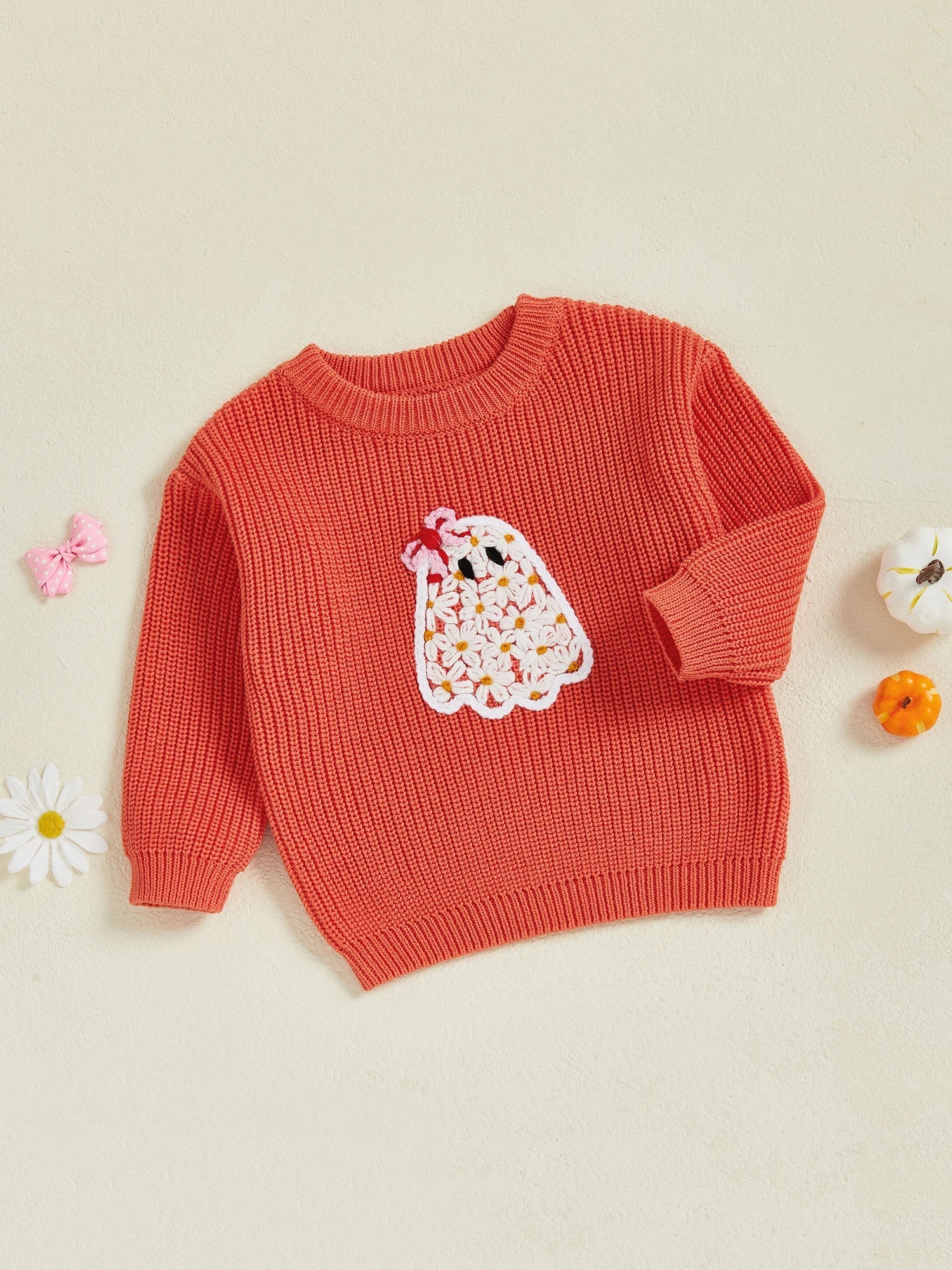 Baby Toddler Kids Girl Halloween Sweater Long Sleeve Round Neck Ghost Flower Embroidery Knit Pullover Top