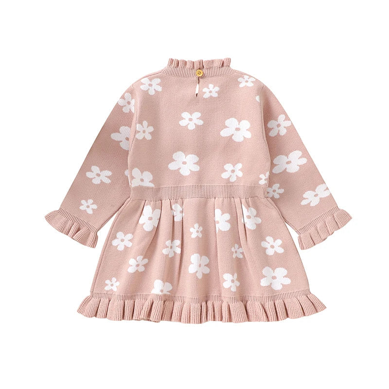 Baby Toddler Girl Long Sleeve Flower Floral Print Ruffle Sweater A-Line Dress
