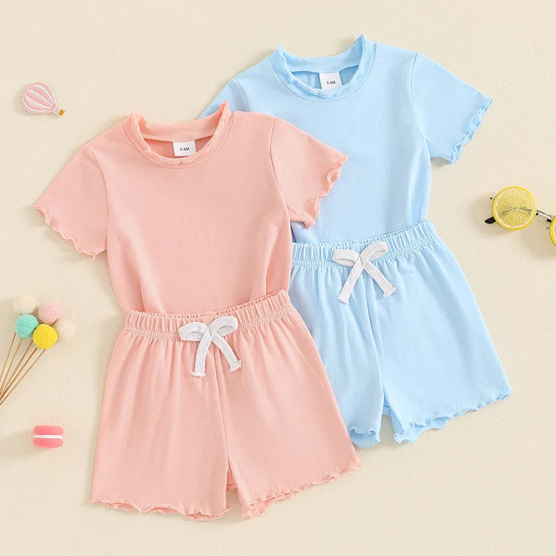 Baby Toddler Kids Girls 2Pcs Short Sleeve Crew Neck Ruffle Sleeve Top with Elastic Waist Shorts Outfit Set