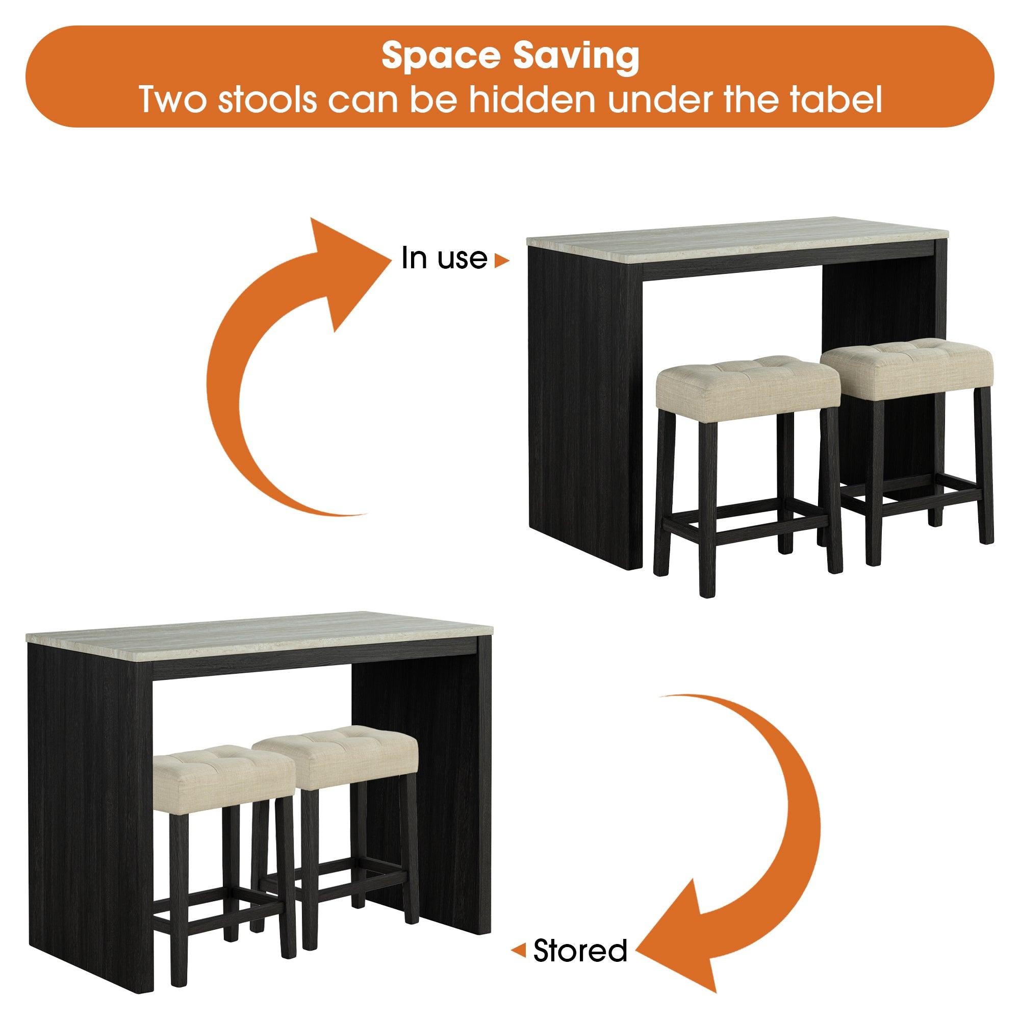 48" Modern Breakfast 1 Dining Table Set with 2 Stools for Apartment, Travertine Table Top