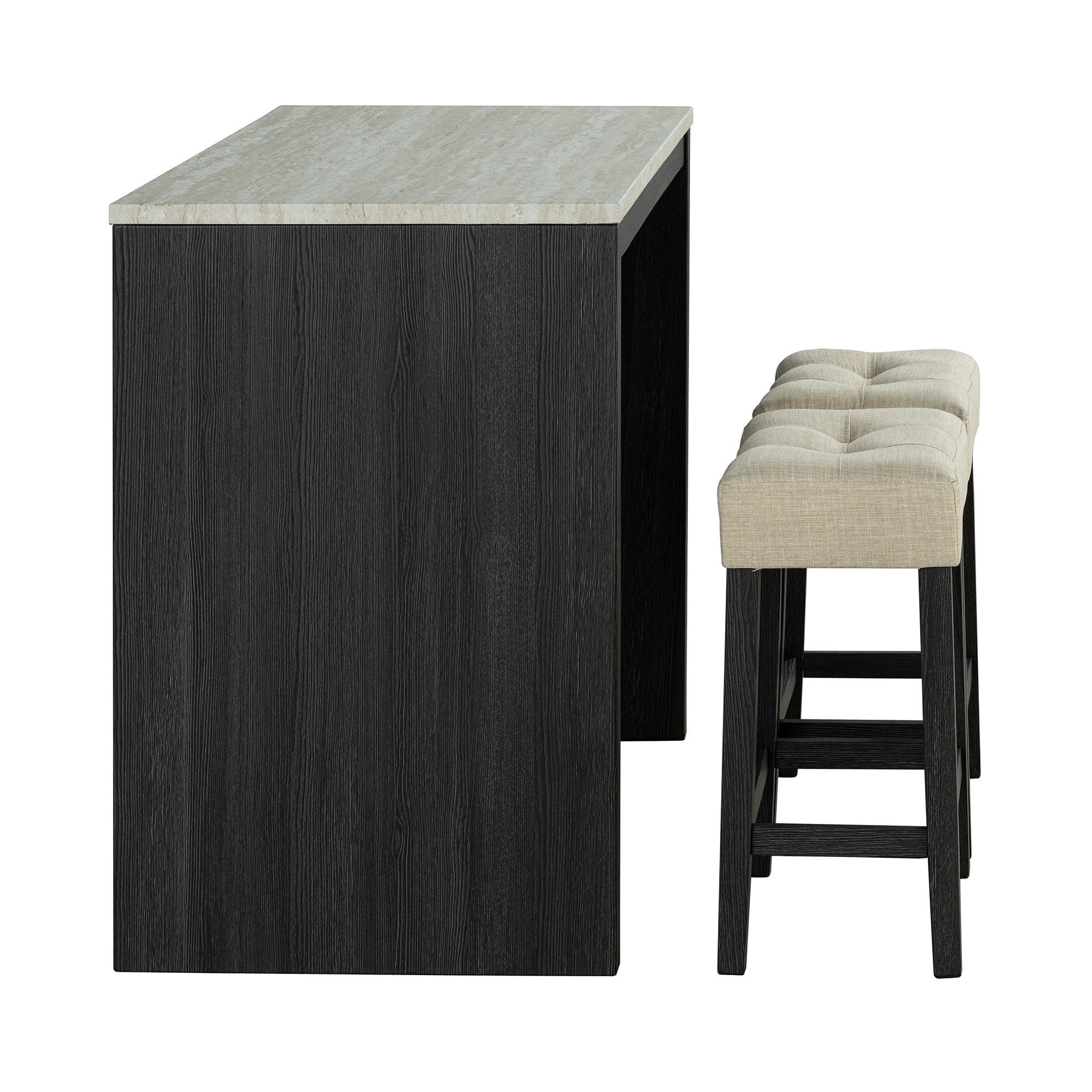 48" Modern Breakfast 1 Dining Table Set with 2 Stools for Apartment, Travertine Table Top