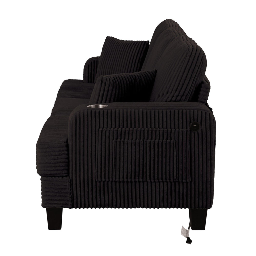 Black 3 Piece Set Comfy Sofa Couch 3-Seater & Loveseat Sofa with Storage Ottoman for Living Room with USB, Side Pockets, Pillows included