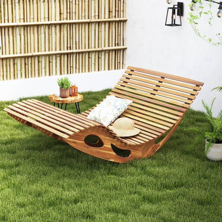 2-Seater Adirondack Slatted Acacia Patio Dual Rocker Sunbed Wood Lounger