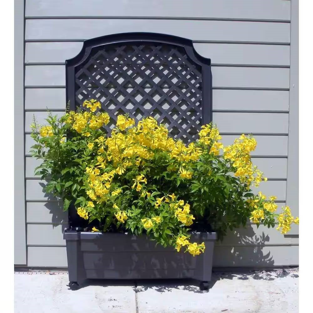 Outdoor Self-Watering Garden Planter with Trellis and Wheels in Grey Plastic