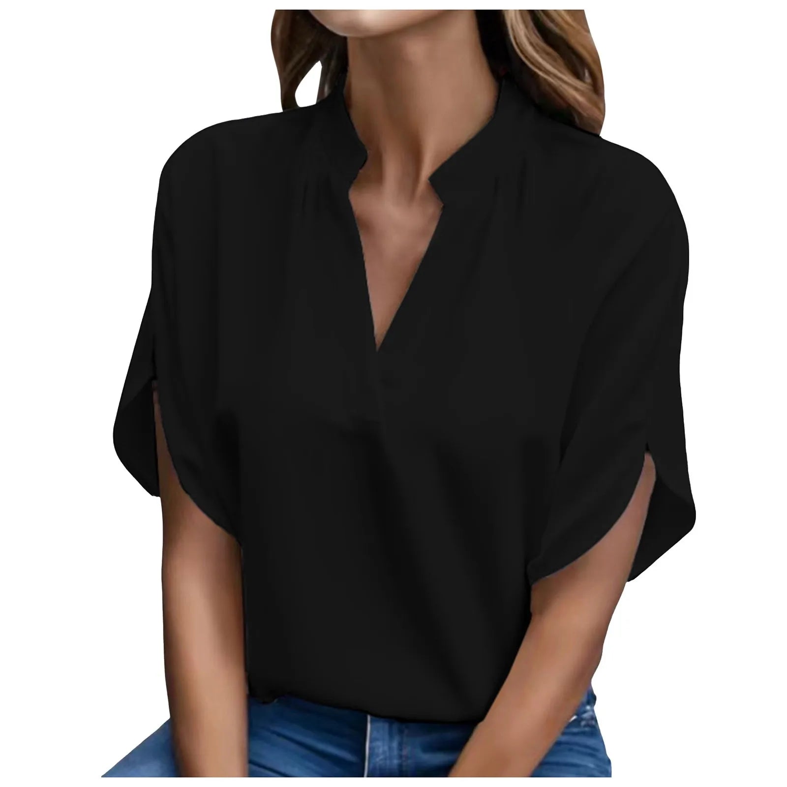 Elegant Solid Chiffon Women's Blouse Casual 3/4 Sleeve Shirt