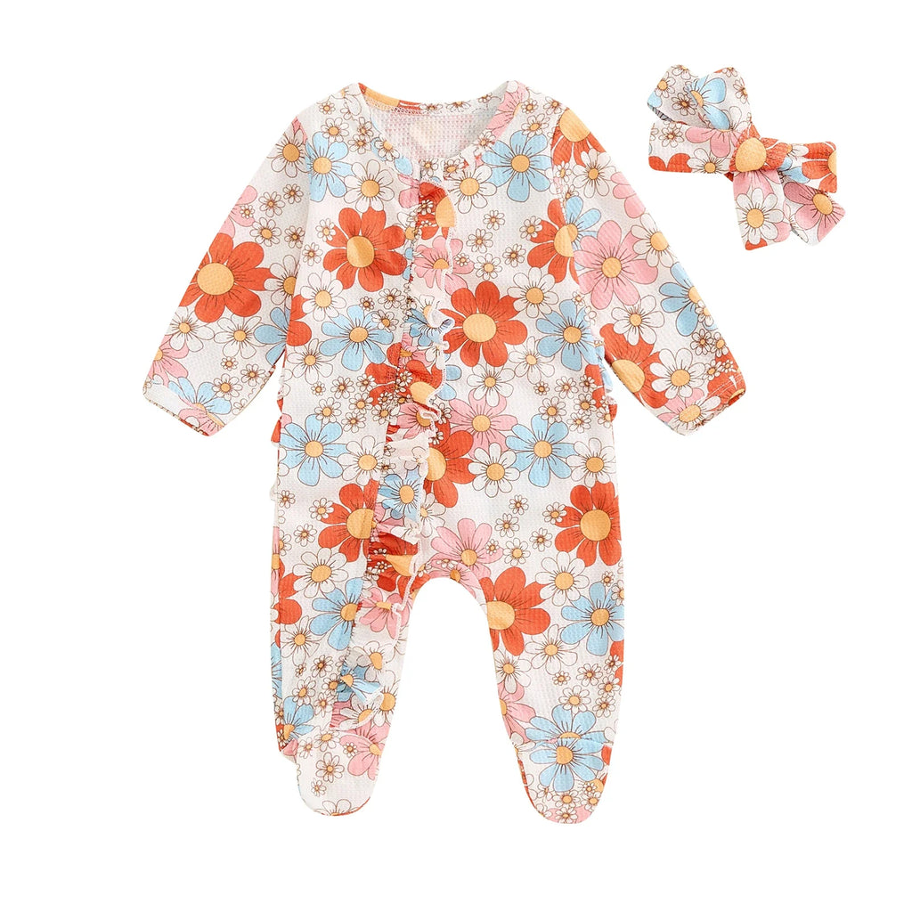 Baby Girls 2Pcs Long Sleeve Strawberry Flower Butterfly Print Frills Zipper Footies Jumpsuit and Headband Romper Set