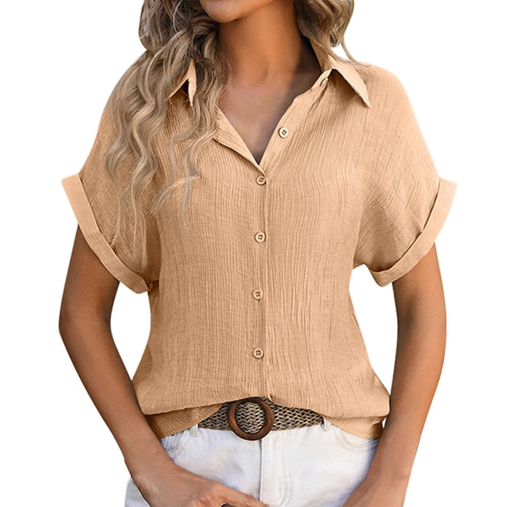 Summer Solid Color Shirts Women Cotton Linen Rolled Up Short Sleeve Slim Fit Tops Mujer Beach Style Leisure Buttons Up Blouse