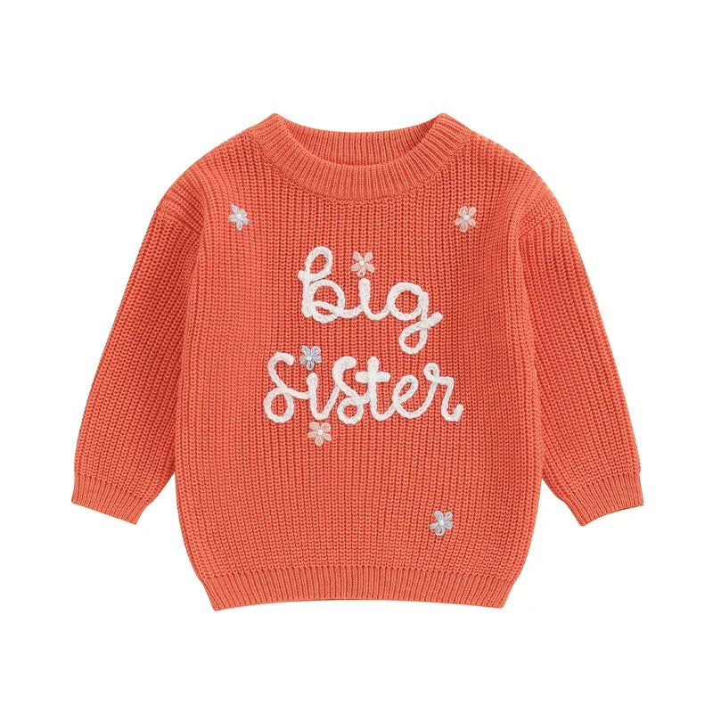 Toddler Kids Girl Big Sister Sweater Cute Long Sleeve Letter Embroidery Knit Pullover Loose Top