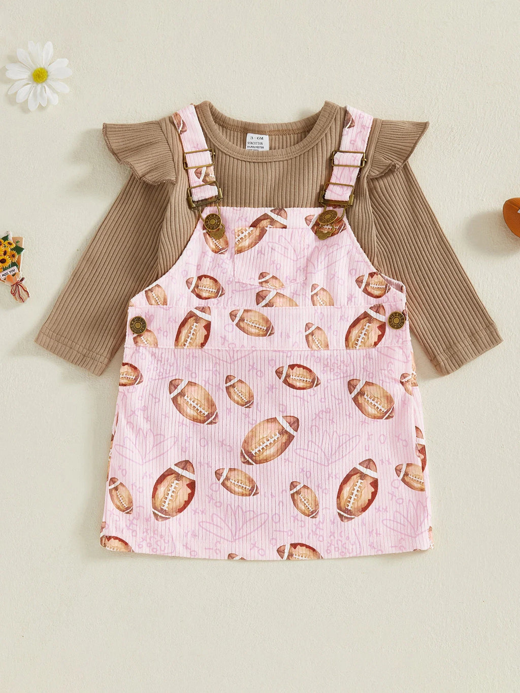 Baby Toddler Girls 2Pcs Fall Outfit Long Sleeve Romper + Football Print Overall Dress Set Clothes