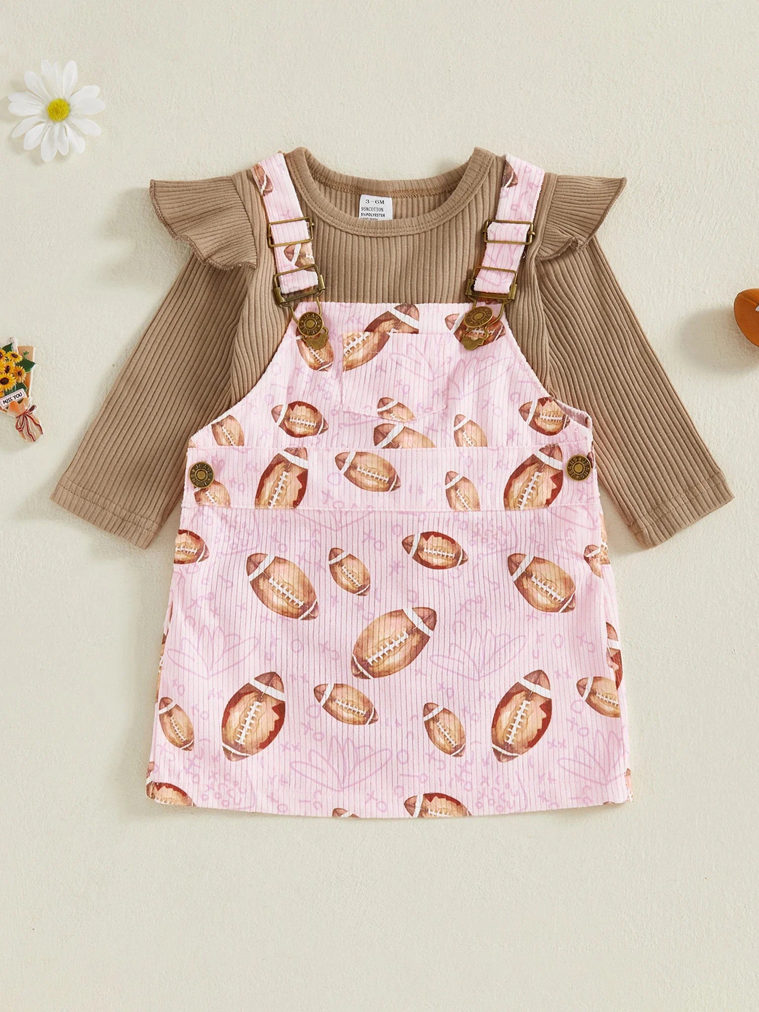 Baby Toddler Girls 2Pcs Fall Outfit Long Sleeve Romper + Football Print Overall Dress Set Clothes