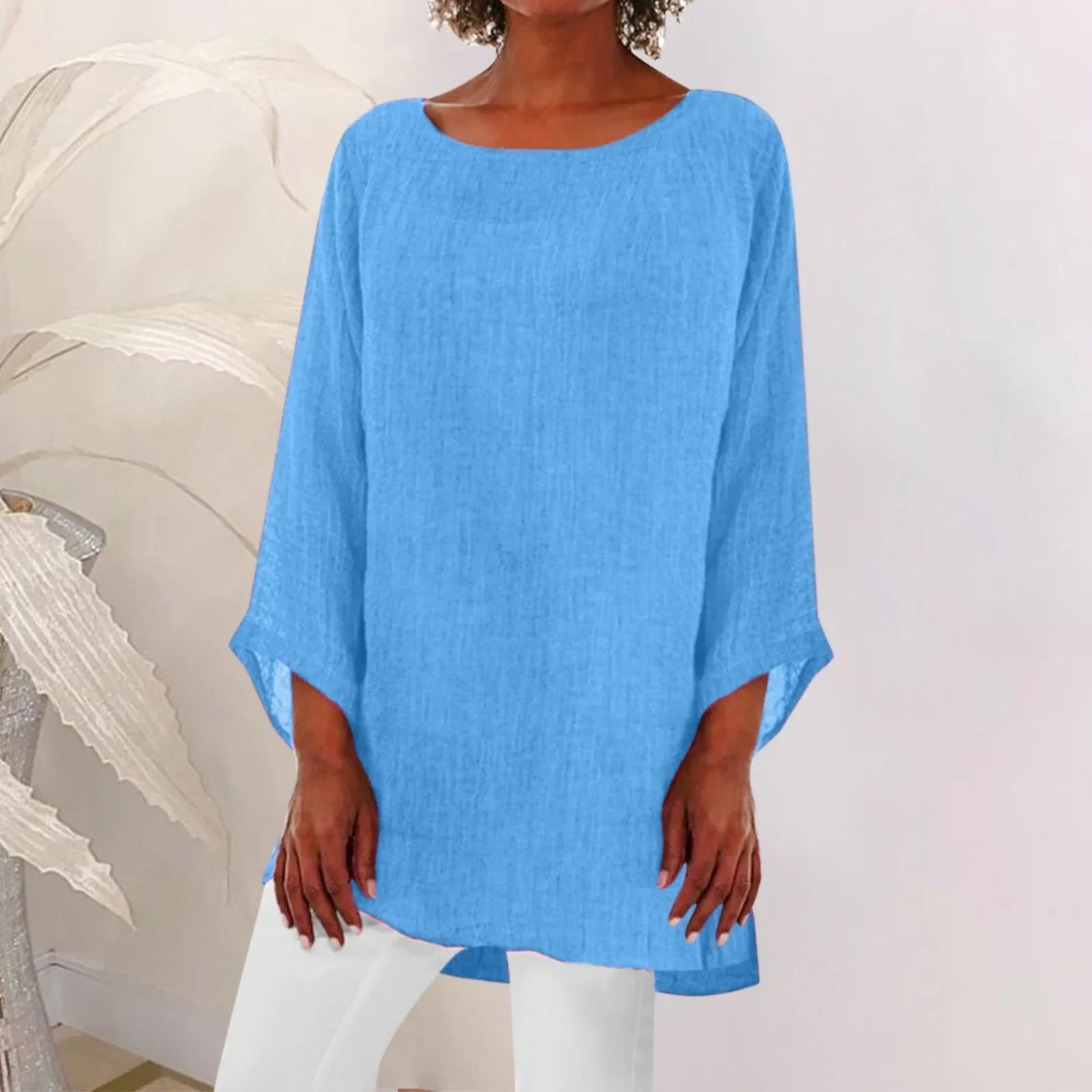 Vintage Cotton Linen Blouse Loose Blouses Summer Shirts Casual Long Sleeve Round Neck Solid Shirt