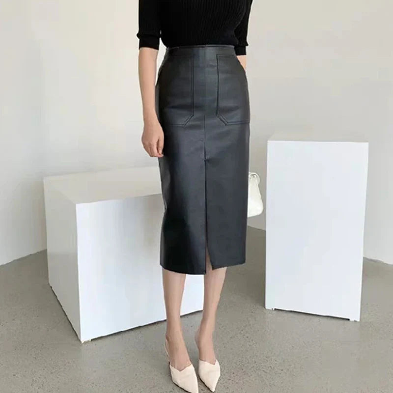 Slim Straight Faux Leather Skirt Women Chic Split Design Fashion